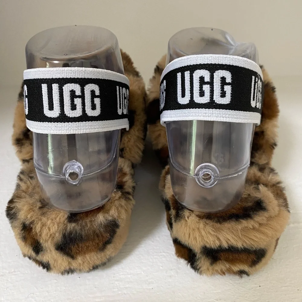 UGG Tan and Black Fuzzy Animal Print Slippers